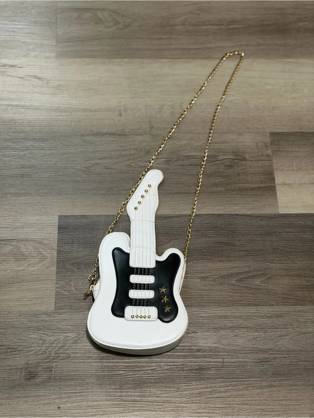Guitar-Shaped Crossbody Bag in White and Black